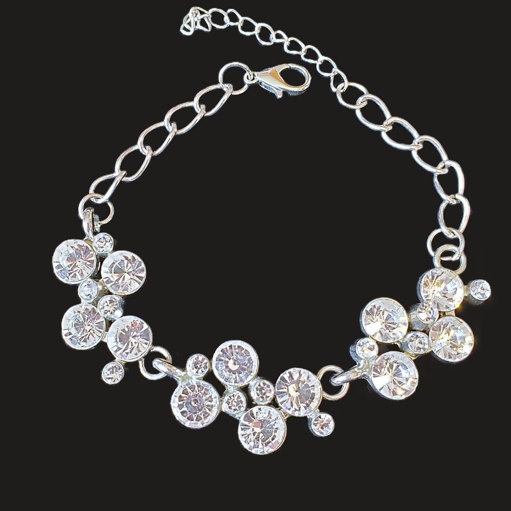 Vintage Rhinestone Silver Adjustable Bracelet White Clear Faux Diamond Gemstones